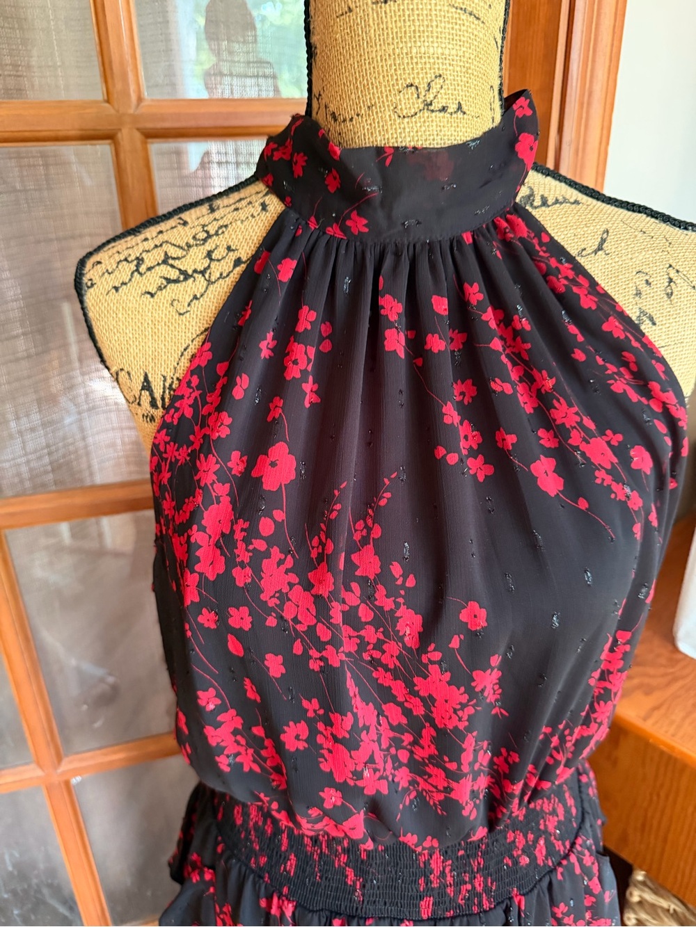 1. State Black Halter Semi-Formal Dress with Red Floral Print